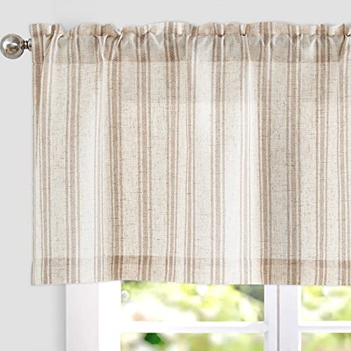 TOPICK Leinen Gestreifter Scheibengardine Halbtransparent Bistrogardine Sheer Vorhang Privatsphäre Fenstervorhang Gardine für kleine Fenster Küche Wohnzimmer Landhaus 1er 125Bx45H(cm) Braun auf Beige von TOPICK