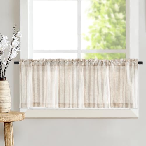 TOPICK Leinen Gestreifter Scheibengardine Halbtransparent Bistrogardine Sheer Vorhang Privatsphäre Fenstervorhang Gardine für kleine Fenster Küche Wohnzimmer Landhaus 1er 125Bx45H(cm) Braun auf Beige von TOPICK