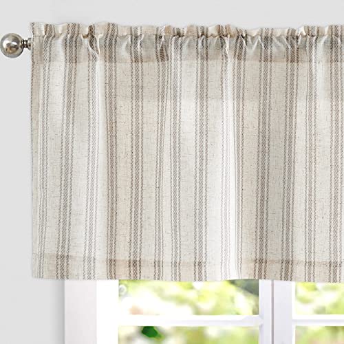 TOPICK Leinen Gestreifter Scheibengardine Halbtransparent Bistrogardine Sheer Vorhang Privatsphäre Fenstervorhang Gardine für kleine Fenster Küche Wohnzimmer Landhaus 1er 125Bx45H(cm) Grau auf Beige von TOPICK