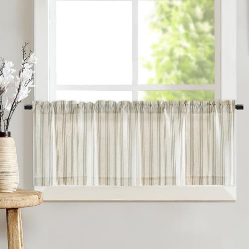 TOPICK Leinen Gestreifter Scheibengardine Halbtransparent Bistrogardine Sheer Vorhang Privatsphäre Fenstervorhang Gardine für kleine Fenster Küche Wohnzimmer Landhaus 1er 125Bx45H(cm) Grün auf Beige von TOPICK