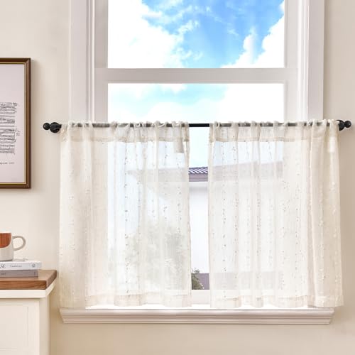 TOPICK Leinen Scheibengardinen 2er Set H60 x B65 (cm) mit Weiß Punkten Bistrogardinen Landhausstil Boho Kurzgardine halbtransparent Leinenoptik Vorhänge mit Tunnelzug Küchendeko Kinderzimmer von TOPICK
