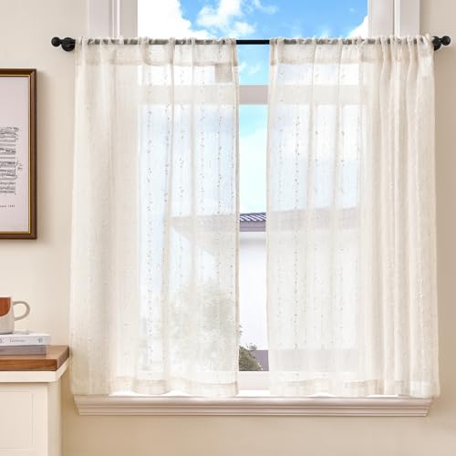 TOPICK Scheibengardinen 2er Set Bistrogardinen mit Punkten Leinen Landhausstil Boho Kurzgardine halbtransparent, H90 x B65 (cm) Leinenoptik Vorhänge mit Tunnelzug Küchenvorhang Wohnzimmer Weiß von TOPICK
