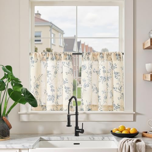 TOPICK Leinen Scheibengardinen 65B x 60H (cm) Blumen Küchenvorhänge Kurz Bedrucktem landhausstil Bistrogardine Halbtransparent Gardinen Fenster Vorhänge für Frühling küche 2er Set,Blau auf Weiß von TOPICK