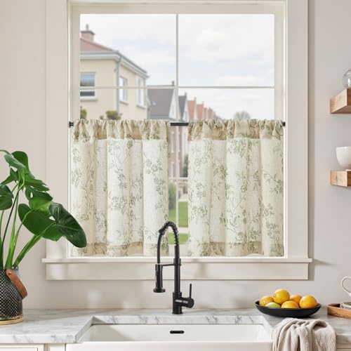 TOPICK Leinen Scheibengardinen 65B x 60H (cm) Blumen Küchenvorhänge Kurz Bedrucktem landhausstil Bistrogardine Halbtransparent Gardinen Fenster Vorhänge für Frühling küche 2er Set Grün auf Weiß von TOPICK