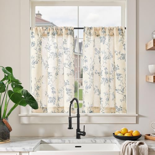 TOPICK Leinen Scheibengardinen 65B x 90H (cm) Blumen Küchenvorhänge Kurz Bedrucktem landhausstil Bistrogardine Halbtransparent Gardinen Fenster Vorhänge für Frühling Wohnzimmer 2er Set,Blau auf Weiß von TOPICK