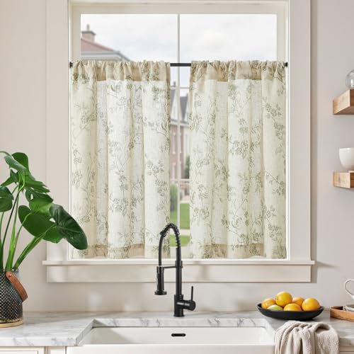 TOPICK Leinen Scheibengardinen 65B x 90H (cm) Blumen Küchenvorhänge Kurz Bedrucktem landhausstil Bistrogardine Halbtransparent Gardinen Fenster Vorhänge für Frühling Wohnzimmer 2er Set Grün auf Weiß von TOPICK