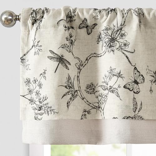 TOPICK Leinen Scheibengardinen Blickdicht Küchengardinen Frühling Landhausstil Gardinen Schmetterling Verdunkelnd Vorhänge Kurz Bistrogardine Volant Fenster 1er Pack Schwarz auf Beige 40Bx125H(cm) von TOPICK