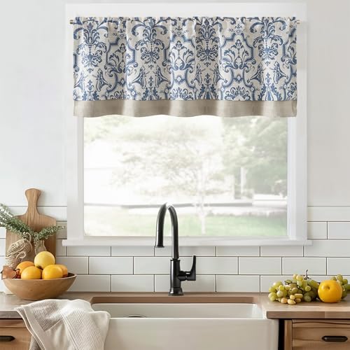 TOPICK Leinen Scheibengardinen Blickdicht Küchengardinen Frühling Damast Vintage Blume Gardinen Landhausstil Verdunkelnd Vorhänge Kurz Bistrogardine Volant 1er Pack Blau auf Beige 45B x 125H(cm) von TOPICK