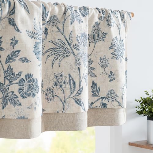 TOPICK Leinen Scheibengardinen 1er Pack Blickdicht Küchengardinen 125H x 40B(cm) Landhausstil Gardinen Floral Blumen Verdunkelnd Vorhänge Kurz Bistrogardine Volant Fenster Wohnzimmer Blau auf Beige von TOPICK