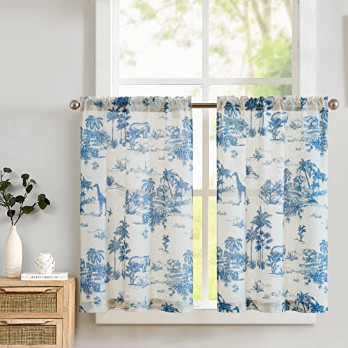 TOPICK Leinen Scheibengardinen Toile de Jouy Blickdicht Bistrogardine Shabby Chic Landhaus Vorhang Privatsphäre Fenstervorhang für klein Fenster Küche Bad Wohnzimmer 2er Set 65Bx60H(cm) Blau auf Beige von TOPICK