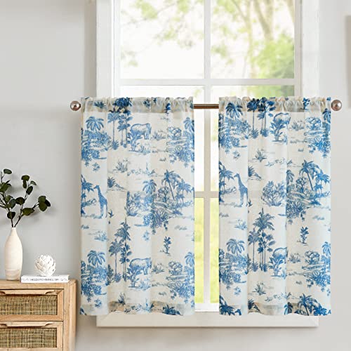 TOPICK Leinen Scheibengardinen Toile de Jouy Blickdicht Bistrogardine Shabby Chic Landhaus Vorhang Privatsphäre Fenstervorhang für klein Fenster Küche Bad Wohnzimmer 2er Set 65Bx90H(cm) Blau auf Beige von TOPICK