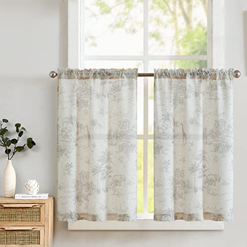 TOPICK Leinen Scheibengardinen Toile de Jouy Blickdicht Bistrogardine Shabby Chic Landhaus Vorhang Privatsphäre Fenstervorhang für klein Fenster Küche Bad Wohnzimmer 2er Set 65Bx90H(cm) Grau auf Beige von TOPICK