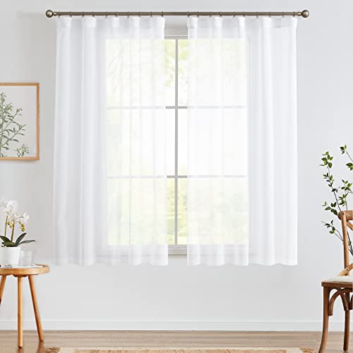 TOPICK Leinen Gardinen mit Kräuselband, Halbtransparent Leinenstruktur Vorhänge, Sheer Voile Vorhang Modern für Schlafzimmer Wohnzimmer, Lichtfilternde Fensterdekorationen, 2er Set 140x175CM Weiß von TOPICK