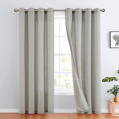 TOPICK Leinen Vorhänge Gestreifte Gardinen mit Ösen Modern Beige Leinenoptik Vorhang Wohnzimmer Privarsphäre Gardine Lichtfilterung Ösenschal mit Streifen Muster 2er Set 130x210 Schwarz auf Beige von TOPICK