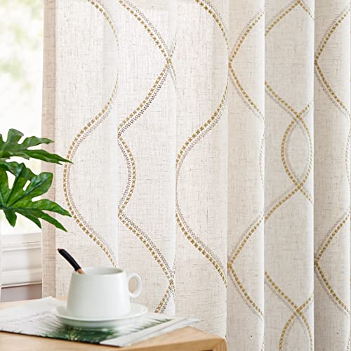 TOPICK Leinenoptik Vorhänge Beige Verdeckte Schlaufen Gardinen Blickdicht mit Goldfaden Stickerei Vorhang Modern Geometrisch für Wohnzimmer Gestickt Halbtransparent Privatsphäre 2er Set 140x145cm von TOPICK