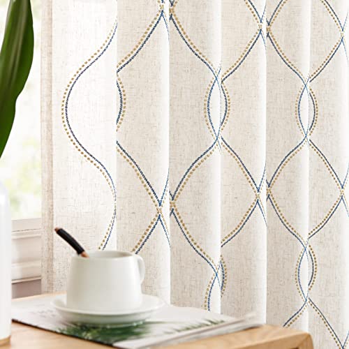 TOPICK Leinenoptik Vorhänge Beige Verdeckte Schlaufen Gardinen Blickdicht mit Goldfaden Stickerei Vorhang Modern Geometrisch für Wohnzimmer Gestickt Halbtransparent Privatsphäre 2er Set H145xB140cm von TOPICK