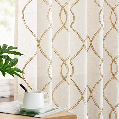 TOPICK Leinenoptik Vorhänge Beige Verdeckte Schlaufen Gardinen Blickdicht mit Goldfaden Stickerei Vorhang Modern Geometrisch für Wohnzimmer Gestickt Halbtransparent Privatsphäre 2er Set 140x225cm von TOPICK