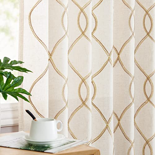 TOPICK Leinenoptik Vorhänge Beige Verdeckte Schlaufen Gardinen Blickdicht mit Goldfaden Stickerei Vorhang Modern Geometrisch für Wohnzimmer Gestickt Halbtransparent Privatsphäre 2er Set 140x245cm TOPICK Leinenoptik Vorhänge Beige Verdeckte Schlaufen Gardinen Blickdicht mit Goldfaden Stickerei Vorhang Modern Geometrisch für Wohnzimmer Gestickt Halbtransparent Privatsphäre 2er Set 140x245cm von TOPICK