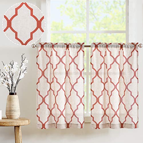 TOPICK Linen-Optik Gardinen Geometrische Scheibengardinen Marokkanische Vorhänge Verdunklung Küchenvorhang Kurz Küchengardinen für Küchen Esszimmer Badezimmer Klein Fenster Rot 2er Set 65 x 90 cm von TOPICK