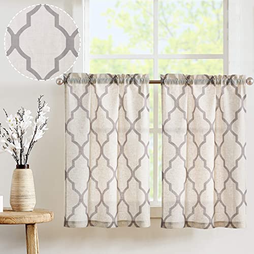 TOPICK Scheibengardine Sheer Vorhang Bistrogardine Halb Transparent Gardine Gaze Paarig Schals Scheibengardinen Fensterschal für Küche Wohnzimmer Landhaus 2er-Set 65B x 60H (cm) Grau auf Beige von TOPICK