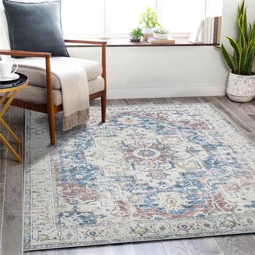 TOPICK Marineblau Teppich Floral Waschbar Superdünne Vintage Blumenteppich Faltbar Flower Kurzflor Läufer Orientalischer Teppichläufer Küchen Schlafzimmer Wohnzimmer Esszimmer Büro 210x300cm von TOPICK