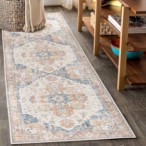 TOPICK Orange Läufer Flur Floral Teppich Waschbar Superdünne Vintage Blumenteppich Kurzflor Orientalischer Lang Küchenteppich Schlafzimmer Wohnzimmer Esszimmer Büro Faltbar Teppichläufer 60x300cm von TOPICK