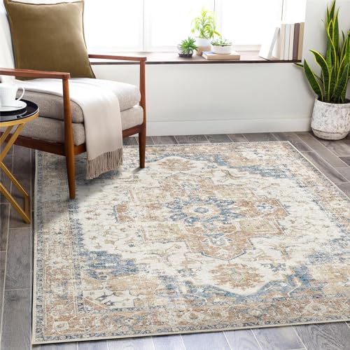TOPICK Teppich Wohnzimmer Waschbar Kurzflor Retro Teppich 120x180cm Orange Blumen Orientalischer Faltbar Weich rutschfest Dünn Schlafzimmer Kinderzimmer Wohnzimmer Flur von TOPICK
