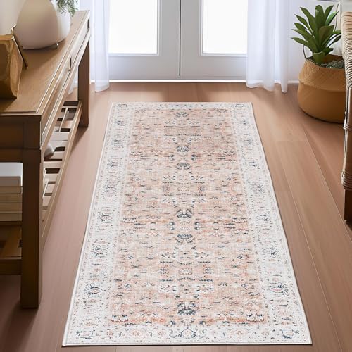 TOPICK Läufer 60x210cm Rosa Teppich Waschbar Superdünne Vintage Blumen Perserteppich Kurzflor für Küche Schlafzimmer Wohnzimmer Floral Teppichläufer Antirutschunterlage Faltbar von TOPICK