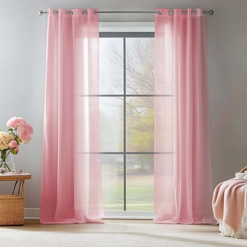 TOPICK Gardinen mit Ösen Einfarbig Gardinen für Wohnzimmer Kinderzimmer Mädchen Schlafzimmer Rosa Transparent Durchsichtig Stores Landhausstil Modern Fenstergardinen 2er Set 245H x 140B (cm) von TOPICK