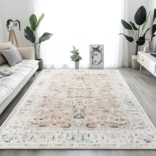 TOPICK Rosa 120x180cm Teppich Wohnzimmer Waschbar Superdünne Vintage Blumen Perserteppich Kurzflor Küche Schlafzimmer Wohnzimmer Mädchen Floral Antirutschunterlage Faltbar von TOPICK