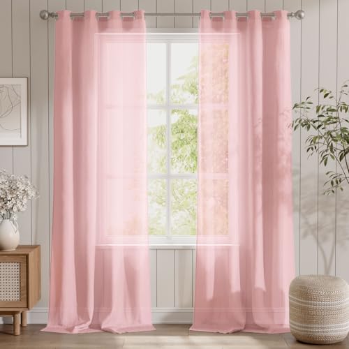 TOPICK Rosa Stores Gardinen mit Ösen Extra Lange Gardinen Küche Wohnzimmer Schlafzimmer Mädchen Kinderzimmer Vorhänge Transparent Durchsichtig Voile Landhausstil Modern 2er Set 145H x 140B (cm) von TOPICK