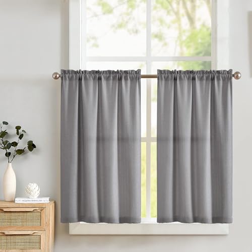 TOPICK Scheibengardine Bistrogardine Blickdicht Vorhang Fenstervorhang Privatsphäre Gardine Schals Scheibengardinen Halbtransparent Fensterschal Küche Wohnzimmer Landhaus 2er-Set 90Bx115H(cm) Grau von TOPICK