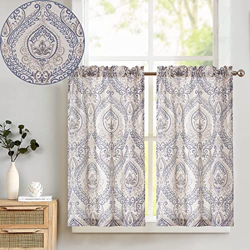 TOPICK Scheibengardine Leinen Vorhang Vintage Bistrogardine Landhaustil Blumen Bedruckt Gardine Geblümt Scheibengardinen Blickdicht für Küche Wohnzimmer Landhaus 2er-Set Blau auf Beige 65B x 60H(cm) von TOPICK