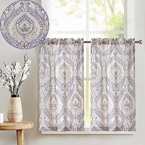 TOPICK Scheibengardine Leinen Vorhang Vintage Bistrogardine Landhaustil Blumen Bedruckt Gardine Geblümt Scheibengardinen Blickdicht für Küche Wohnzimmer Landhaus 2er-Set Blau auf Beige 65B x 90H(cm) von TOPICK