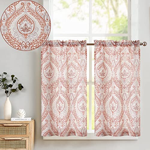 TOPICK Scheibengardine Leinen Vorhang Vintage Bistrogardine Landhaustil Blumen Bedruckt Gardine Geblümt Scheibengardinen Blickdicht für Küche Wohnzimmer Landhaus 2er-Set Rot auf Beige 65B x 60H(cm) von TOPICK