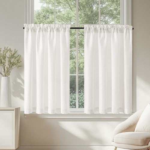 TOPICK Blickdicht Scheibengardinen Küche Weiß Bistrogardine mit Tunnelzug Gardinen Kurz mit Waffel Muster Halbtransparente Küchengardinen für Kleine Fenster Wohnmobil Landhaus 2er Set 90Bx115H cm von TOPICK