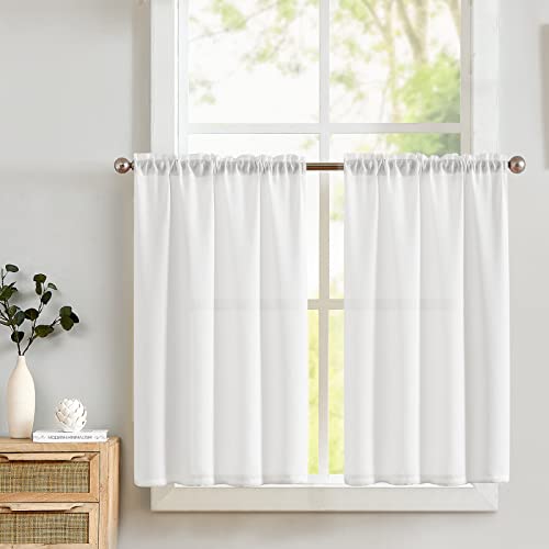 TOPICK Scheibengardine Bistrogardine Weiß Vorhang Fenstervorhang Privatsphäre Gardine Gaze Paarig Schals Leinenoptik Scheibengardinen Fensterschal für Küche Wohnzimmer 2er-Set 90Bx60H(cm) Weiss von TOPICK