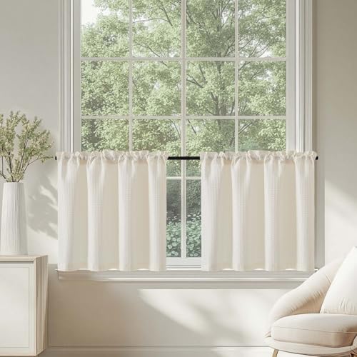 TOPICK Blickdicht Scheibengardinen Küche Beige Bistrogardine mit Tunnelzug Gardinen Kurz mit Waffel Muster Halbtransparente Küchengardinen für Kleine Fenster Wohnmobil Landhaus 2er Set 90Bx60H cm von TOPICK