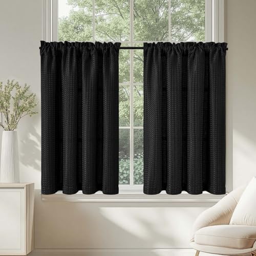 TOPICK Blickdicht Scheibengardinen Küche Schwarz Bistrogardine mit Tunnelzug Gardinen Kurz mit Waffel Muster Halbtransparente Küchengardinen für Kleine Fenster Wohnmobil Landhaus 2er Set 90Bx90H cm von TOPICK