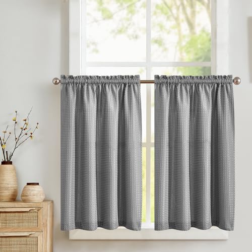 TOPICK Blickdicht Scheibengardinen Küche Grau Bistrogardine mit Tunnelzug Gardinen Kurz mit Waffel Muster Halbtransparente Küchengardinen für Kleine Fenster Wohnmobil Landhaus 2er Set 90Bx60H cm von TOPICK