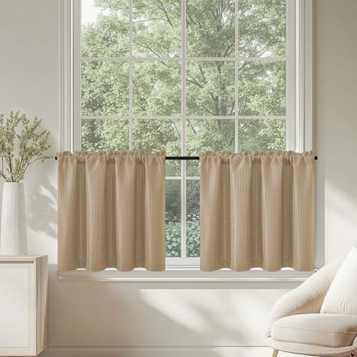 TOPICK Blickdicht Scheibengardinen Küche Braun Bistrogardine mit Tunnelzug Gardinen Kurz mit Waffel Muster Halbtransparente Küchengardinen für Kleine Fenster Wohnmobil Landhaus 2er Set 90Bx60H cm von TOPICK