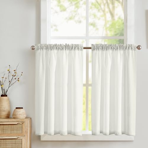 TOPICK Scheibengardine Bistrogardine Sheer Vorhang mit Waffel Muster Fenstervorhang Gardine für kleine Fenster Küche Wohnzimmer Landhaus 2er Set 90Bx90H(cm) Beige von TOPICK