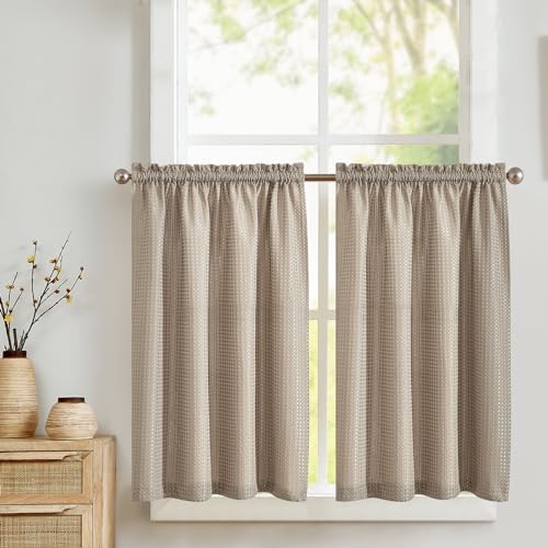 TOPICK Blickdicht Scheibengardinen Küche Braun Bistrogardine mit Tunnelzug Gardinen Kurz mit Waffel Muster Halbtransparente Küchengardinen für Kleine Fenster Wohnmobil Landhaus 2er Set 90Bx90H cm von TOPICK