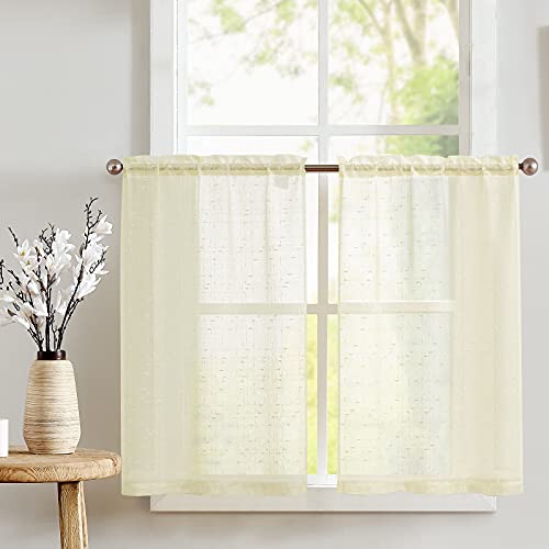 TOPICK Scheibengardinen 2er Set H 90 x B 63 (cm) Beige Transparent Scheibengardine Landhausstil Bistrogardine mit Kreuzmuster Semi Sheer Gardine Kurztores Gaze Fensterschal für Küche Wohnzimmer von TOPICK