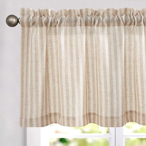 TOPICK Scheibengardine Braun Gestreift Leinen Gardinen mit Streifen Küchenvorhang Semi-transluzent Kurz Küchengardinen für Küchen Esszimmer Klein Fenster 125Bx40H(cm) Braun auf Beige 1 Stück von TOPICK