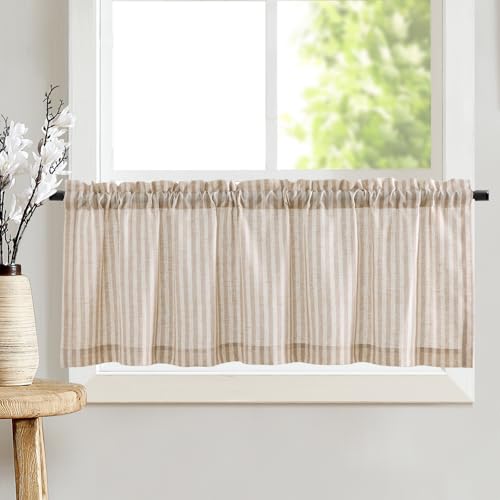 TOPICK 1 Stück H 40 x B 125 (cm) Scheibengardine Braun Gestreift Leinen Gardinen mit Streifen Küchenvorhang Semi-transluzent Kurz Küchengardinen für Küchen Esszimmer Klein Fenster Braun auf Beige von TOPICK