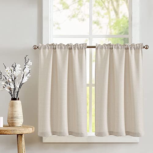 TOPICK Scheibengardinen Küche Bistrogardine mit Tunnelzug Beige Modern Gardinen Kurz Halbtransparente Leinenoptik Küchengardinen für Kleine Fenster Wohnmobil Küchenfenster 70Bx90H cm 2er Set von TOPICK