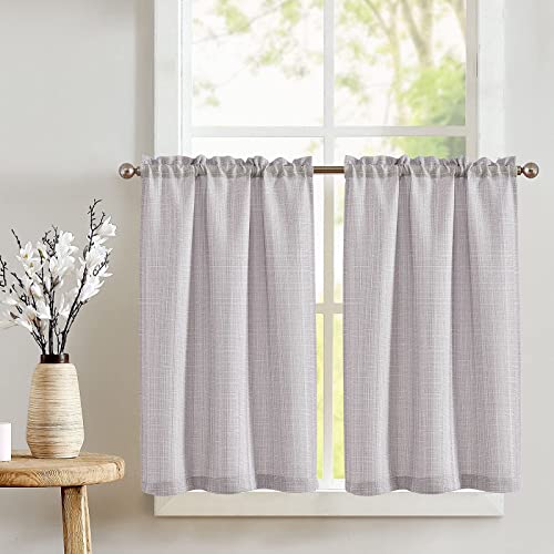 TOPICK Scheibengardinen Küche Bistrogardine mit Tunnelzug Hellgrau Modern Gardinen Kurz Halbtransparente Leinenoptik Küchengardinen für Kleine Fenster Wohnmobil Küchenfenster 70Bx60H cm 2er Set von TOPICK