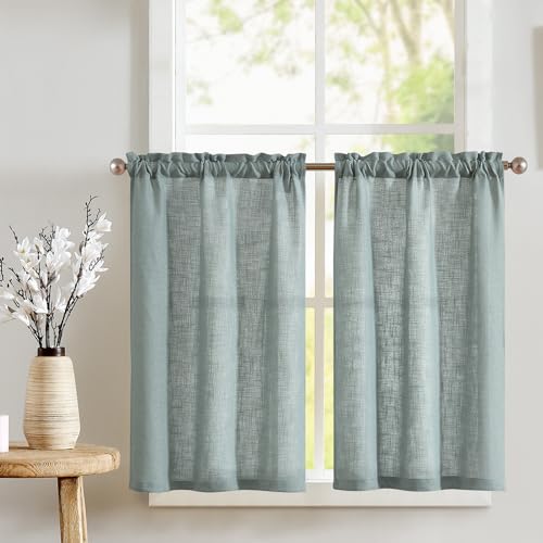 TOPICK Scheibengardine Leinen Bistrogardine Küche Vorhänge Flachs Halbtransparent Lichtfilterung Paarig Schals Graugrün Scheibengardinen für Wohnzimmer Landhaus Kleine Fenster 2er-Set 65x115cm Olive von TOPICK