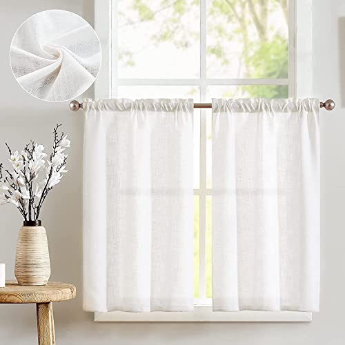 TOPICK Scheibengardine Leinen Bistrogardine Küche Vorhänge Flachs Halbtransparent Lichtfilterung Paarig Schals Moderne Scheibengardinen für Wohnzimmer Landhaus Kleine Fenster 2er-Set 65x115cm Weiß von TOPICK